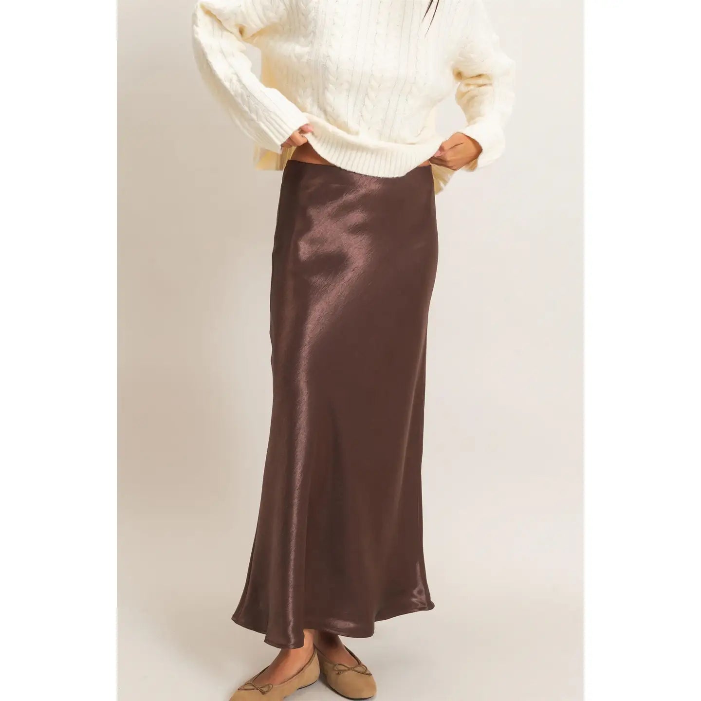 Brown Satin Midi Skirt