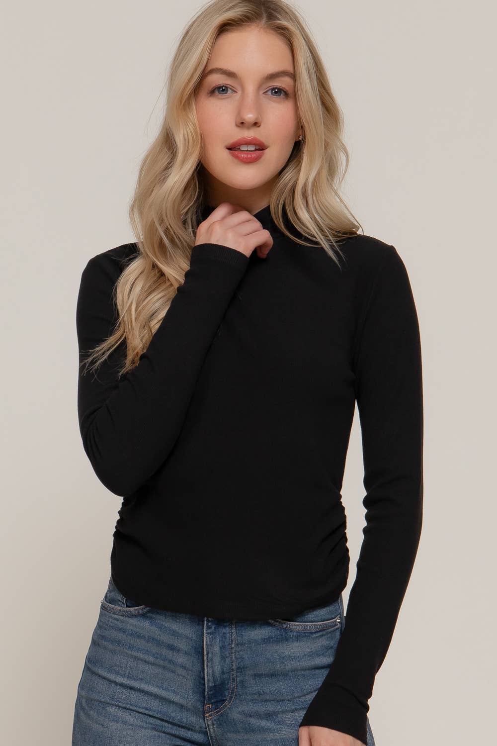 Long Sleeve Turtle Neck Side Detail Brushed Rib Top