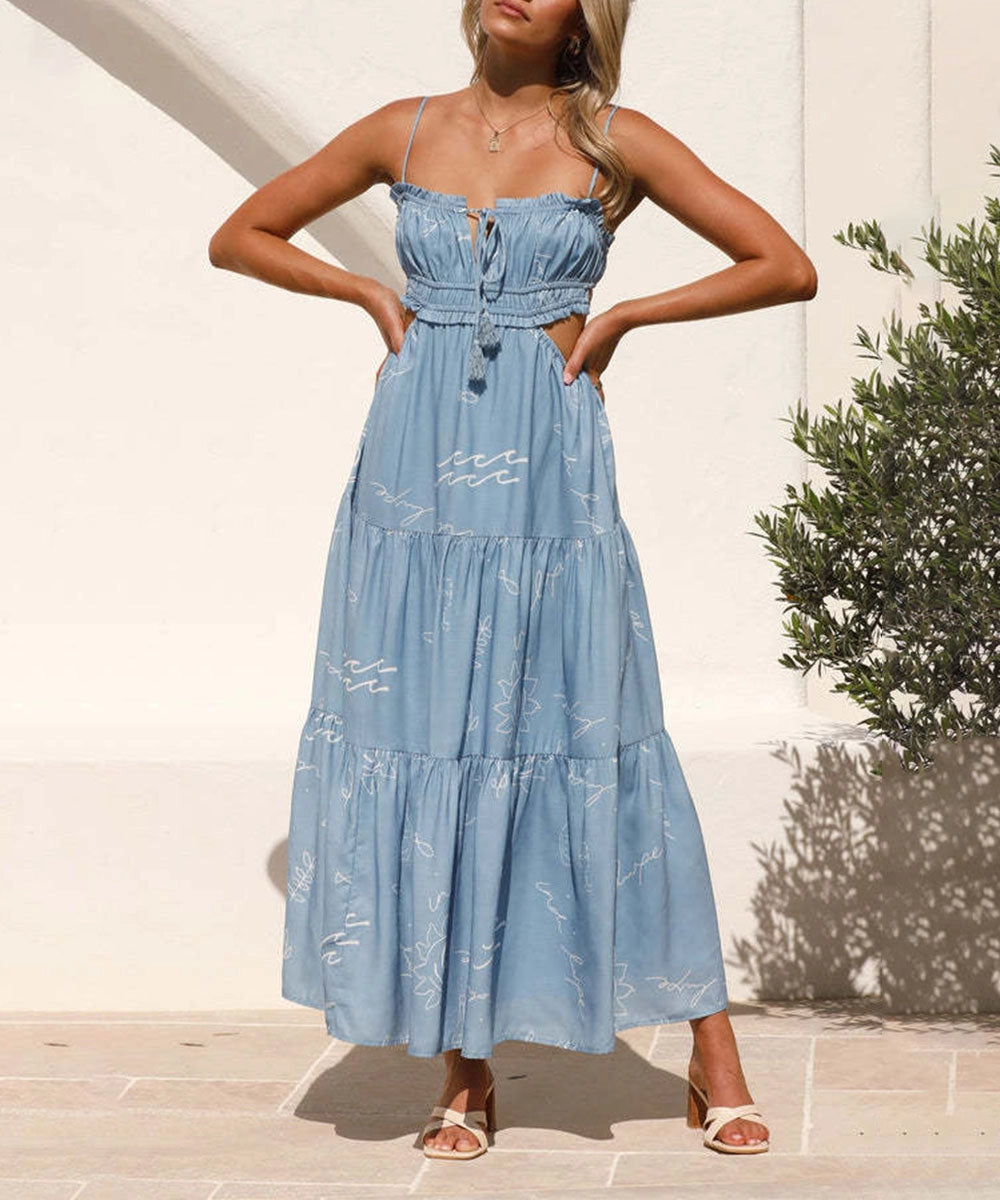 Beach Print Cut Out Maxi Dress
