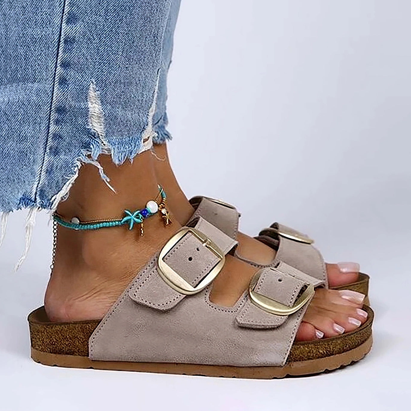 Double Buckle Genuine Leather Women Sandal - Irene Beige