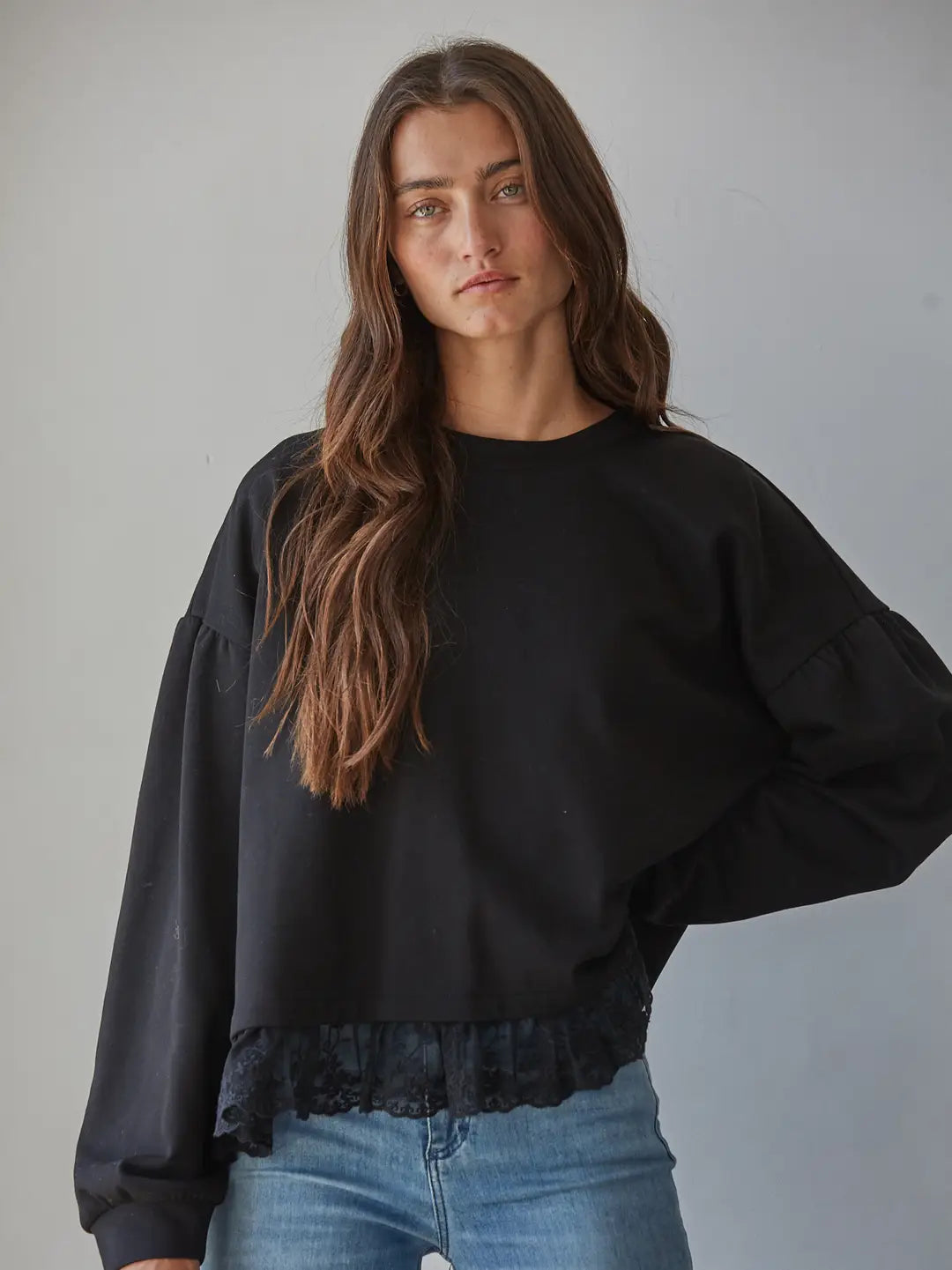 Black Balloon Sleeve Top with Lace Trim PREORDER 8/30