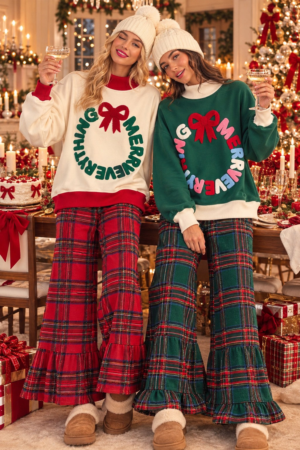 Ruffle Christmas Plaid Wide Leg Denim Trousers