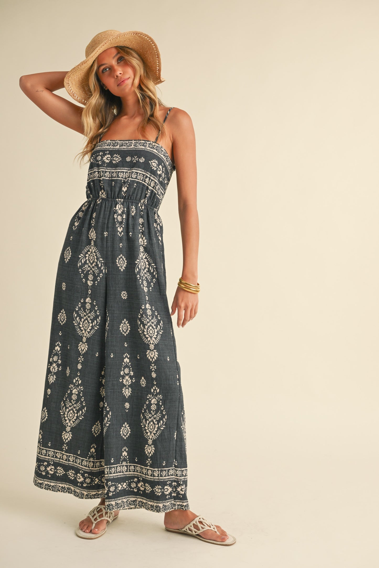 SMOCKED PRINTED WIDE LEG ANKLE LENGTH JUMPSUIT preorder 4/24
