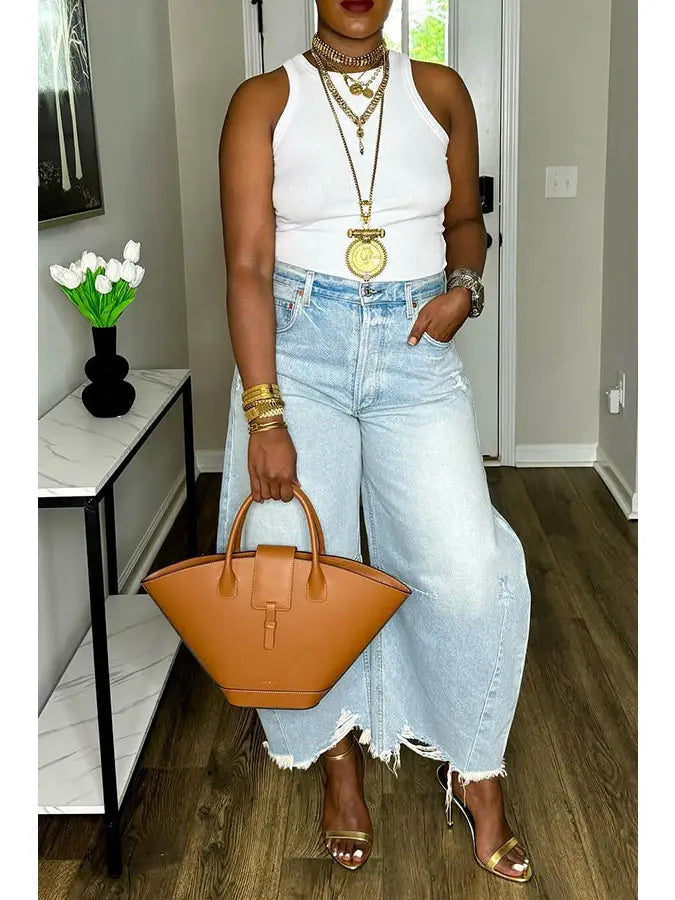 Chic Raw Trim Pockets Wide Leg Jeans