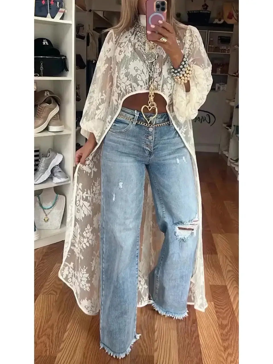 Bohemia Floral Sheer Mesh Lace Blouse W High-Low Hem