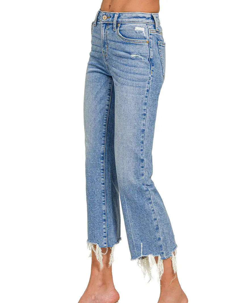 Medium Washed Kick Crop Flare Denim Pants