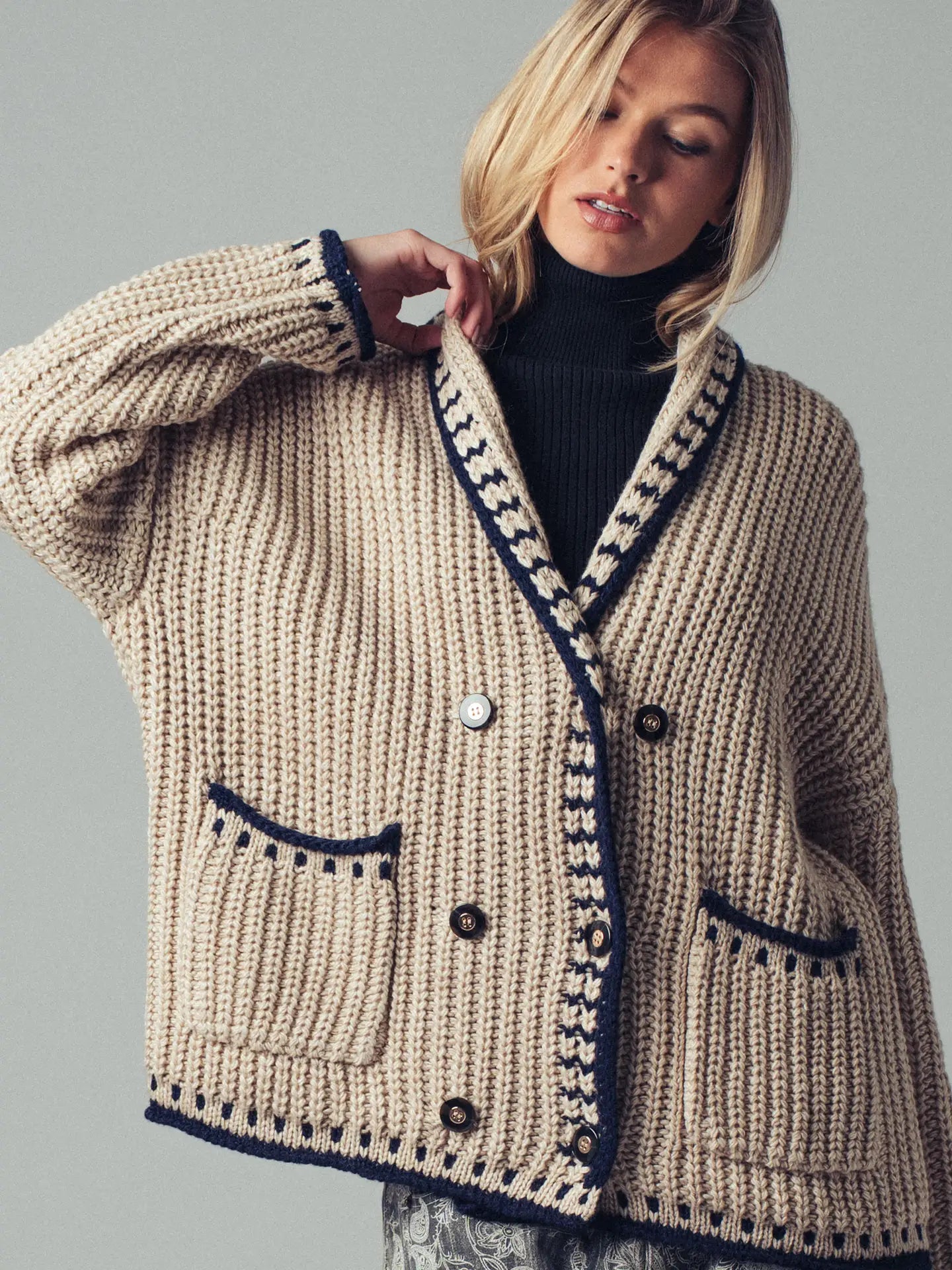 Chunky Knit Oversized Contrast Cardigan