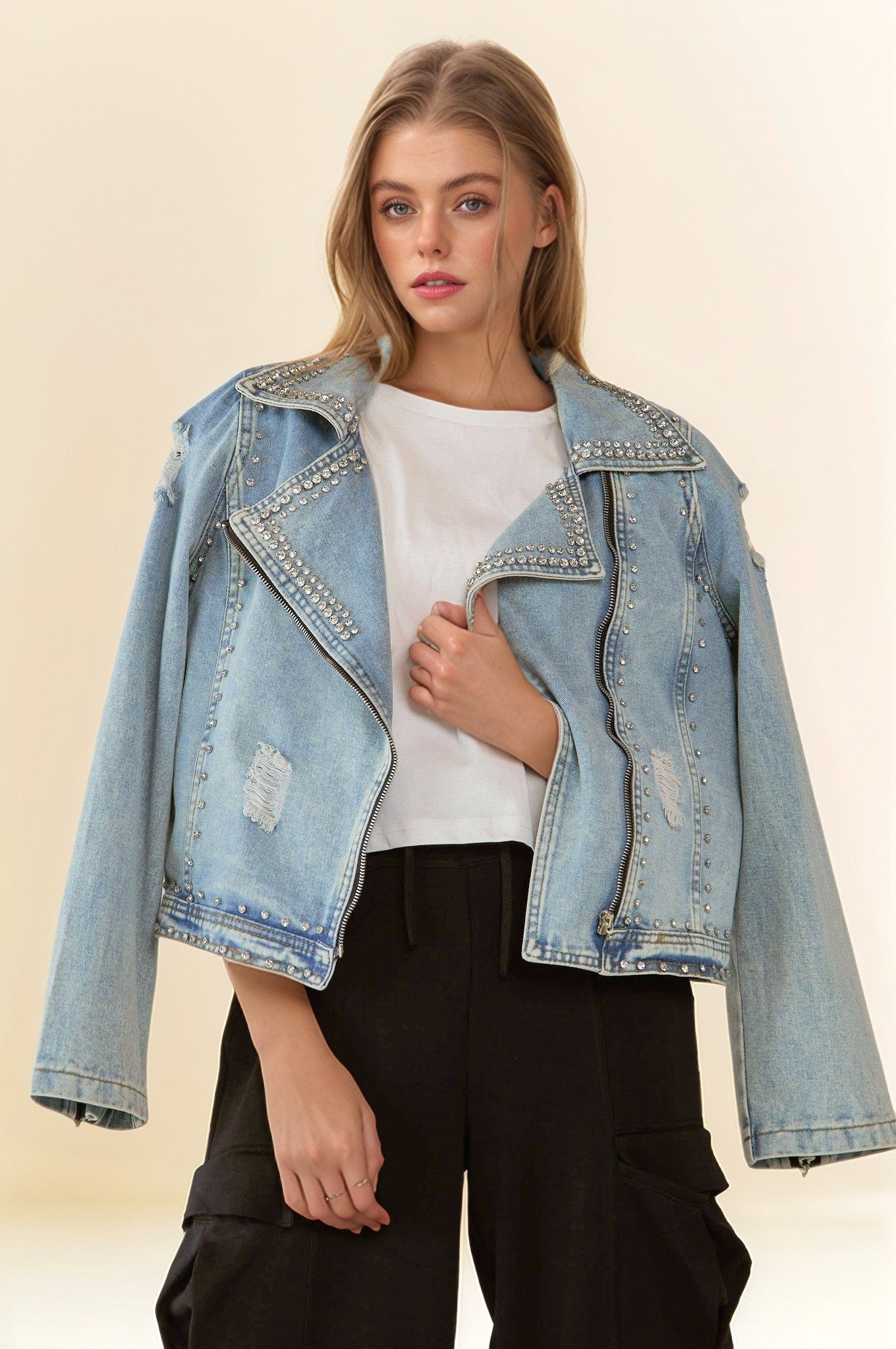 RHINESTONE LONG SLEEVE ZIP UP DENIM JACKET