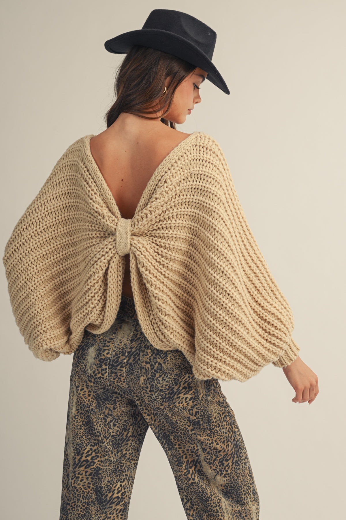 Architectural Ribbon Wrap Dramatic Bow Sweater Reversable