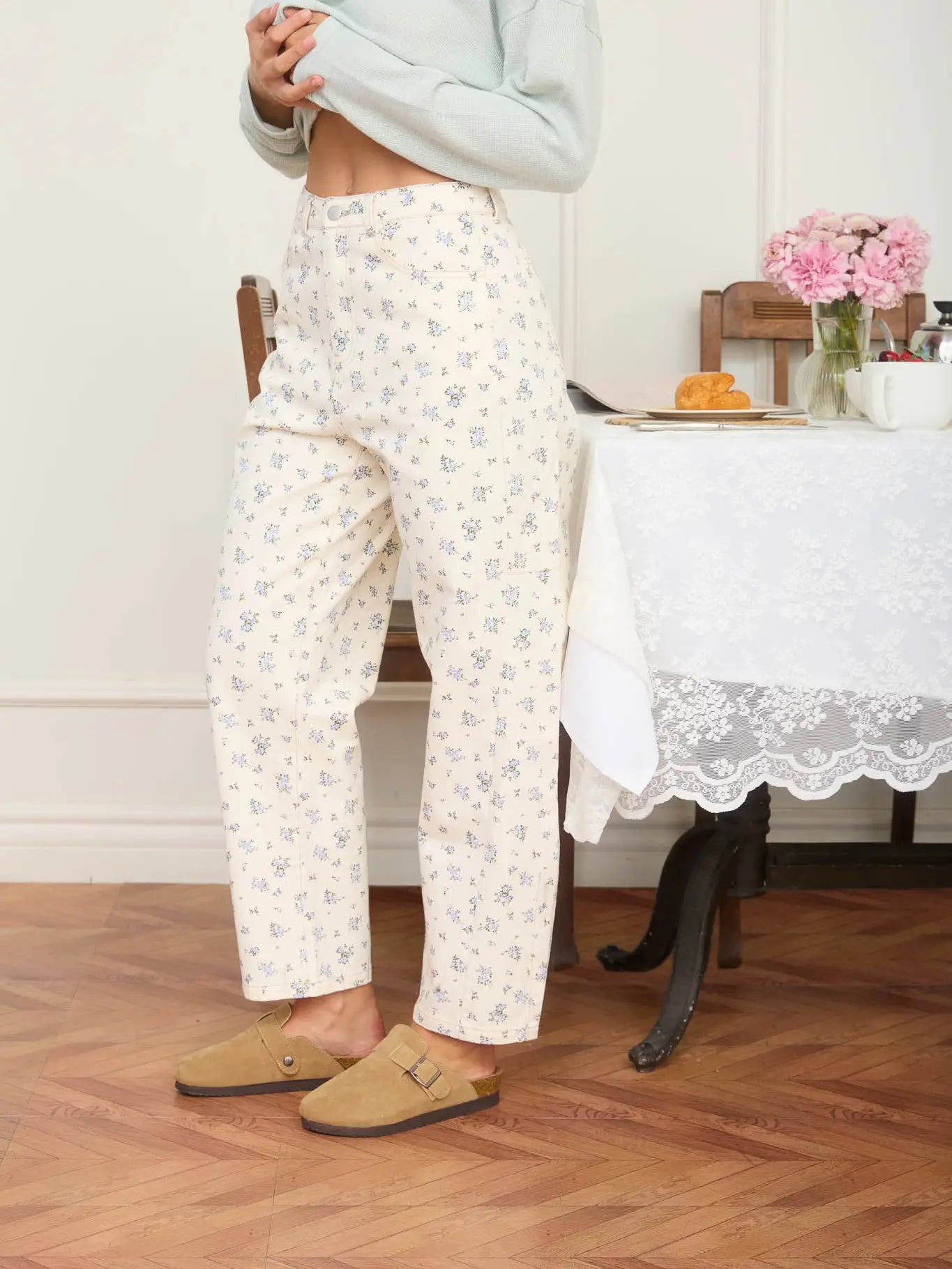 Floral Ecru Denim Pattern Jeans