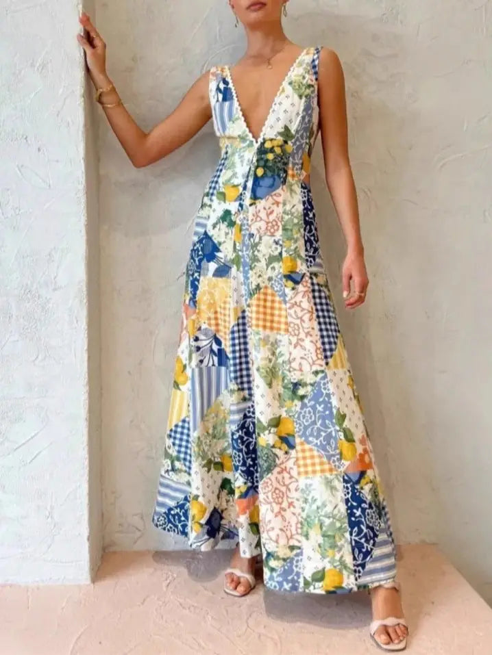Le Vigen Lemon & Floral Printed V-Neck Sleeveless Maxi Dress