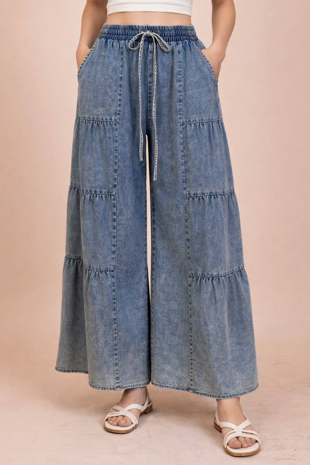 Tiered ruffled Chambray Mineral washed Denim Pant 2 colors