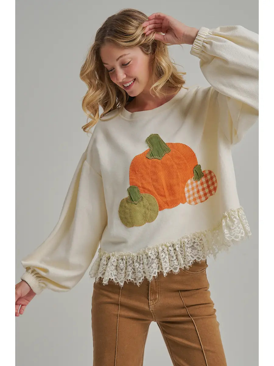 Pumpkin Applique Fall Thanksgiving Top with Eyelash Lace Hem PREORDER 9/22