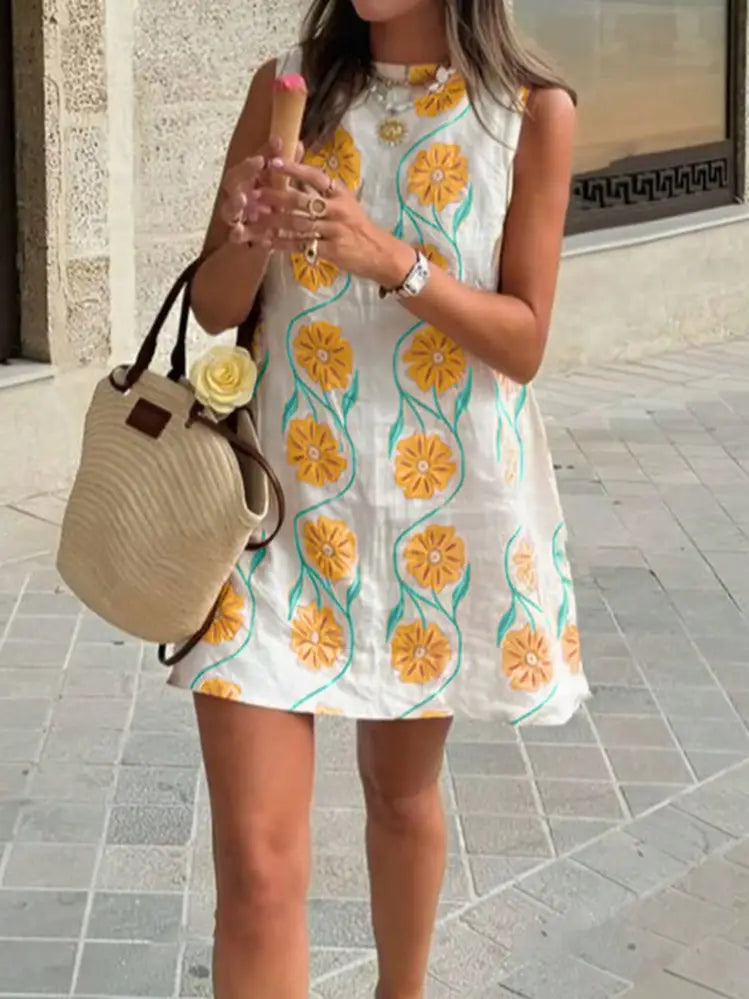 Yellow Floral linen shift Dress