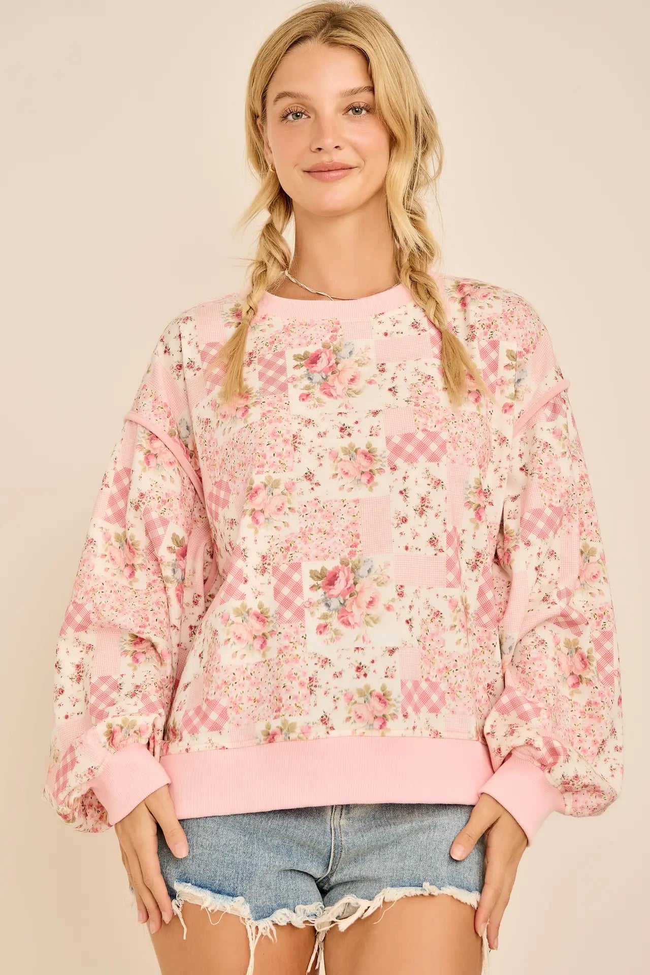 Oversized Patchwork Floral Crewneck Sweatshirt