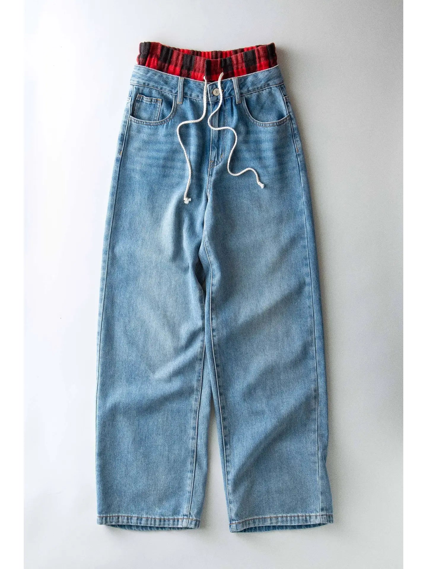 Relaxed Denim Pants with Plaid Waistband