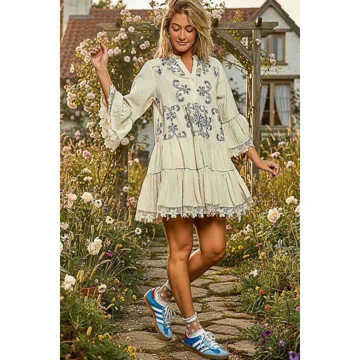 Embroidered 3/4 length lace sleeve dress