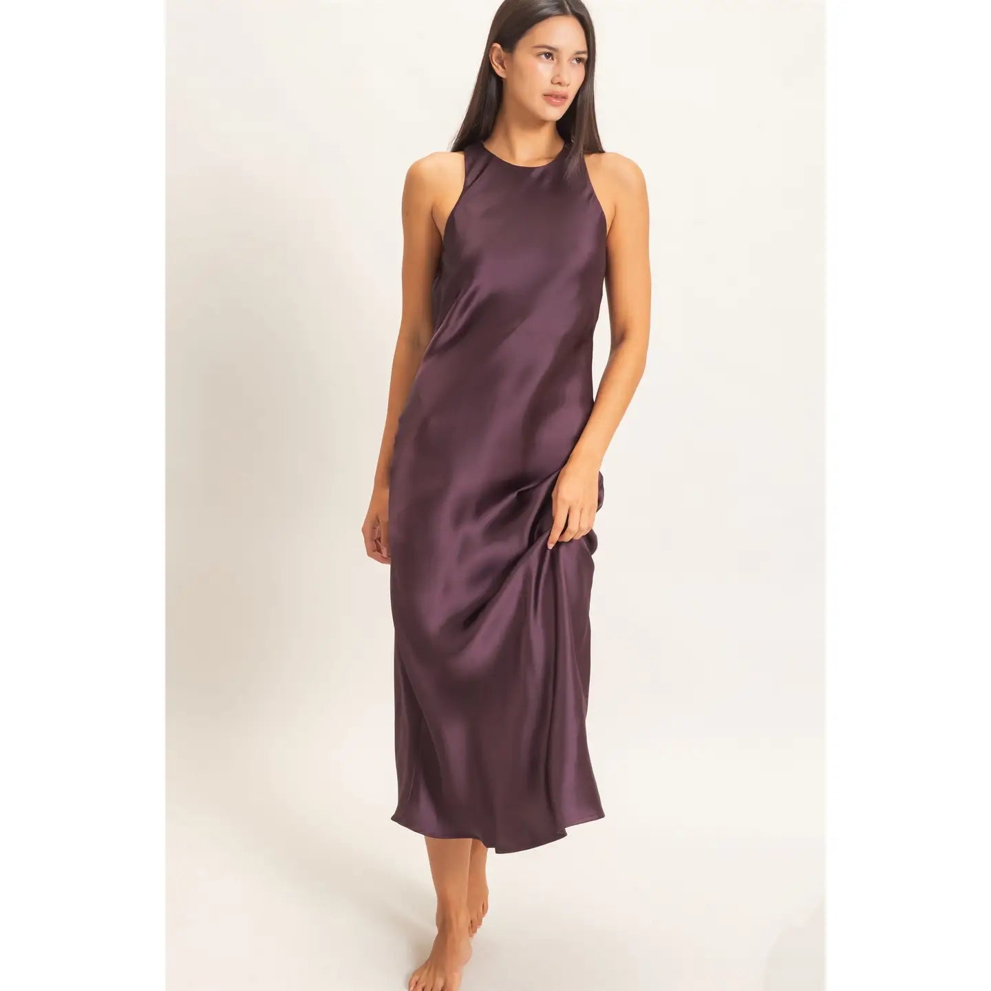 Sleeveless Satin Midi Dress in black cherry