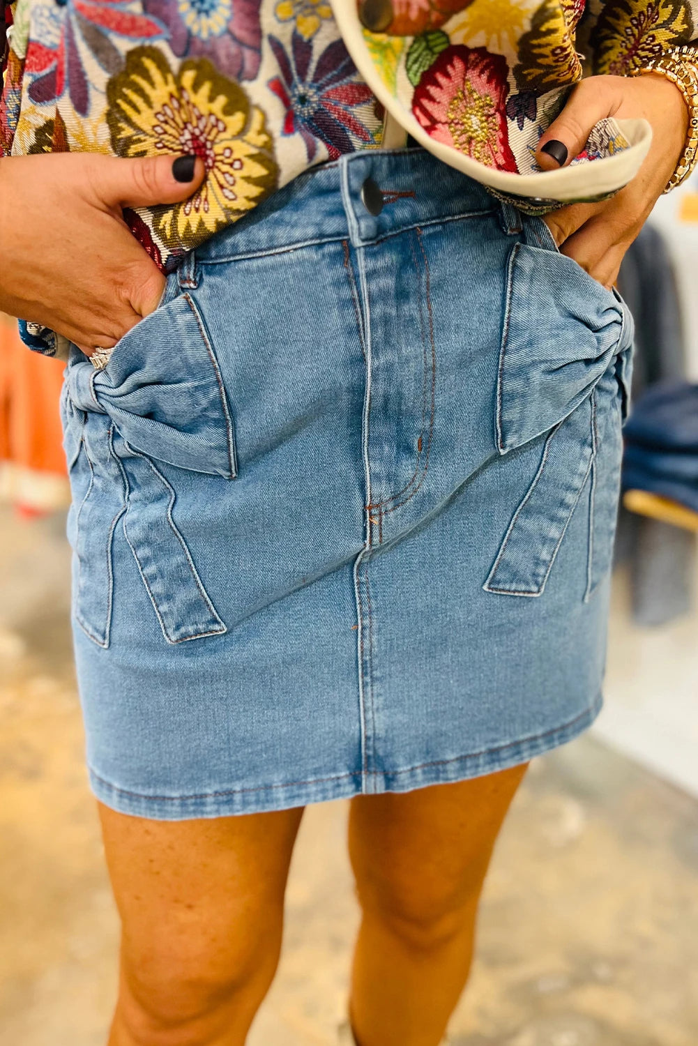 Side Bow Denim Skirt