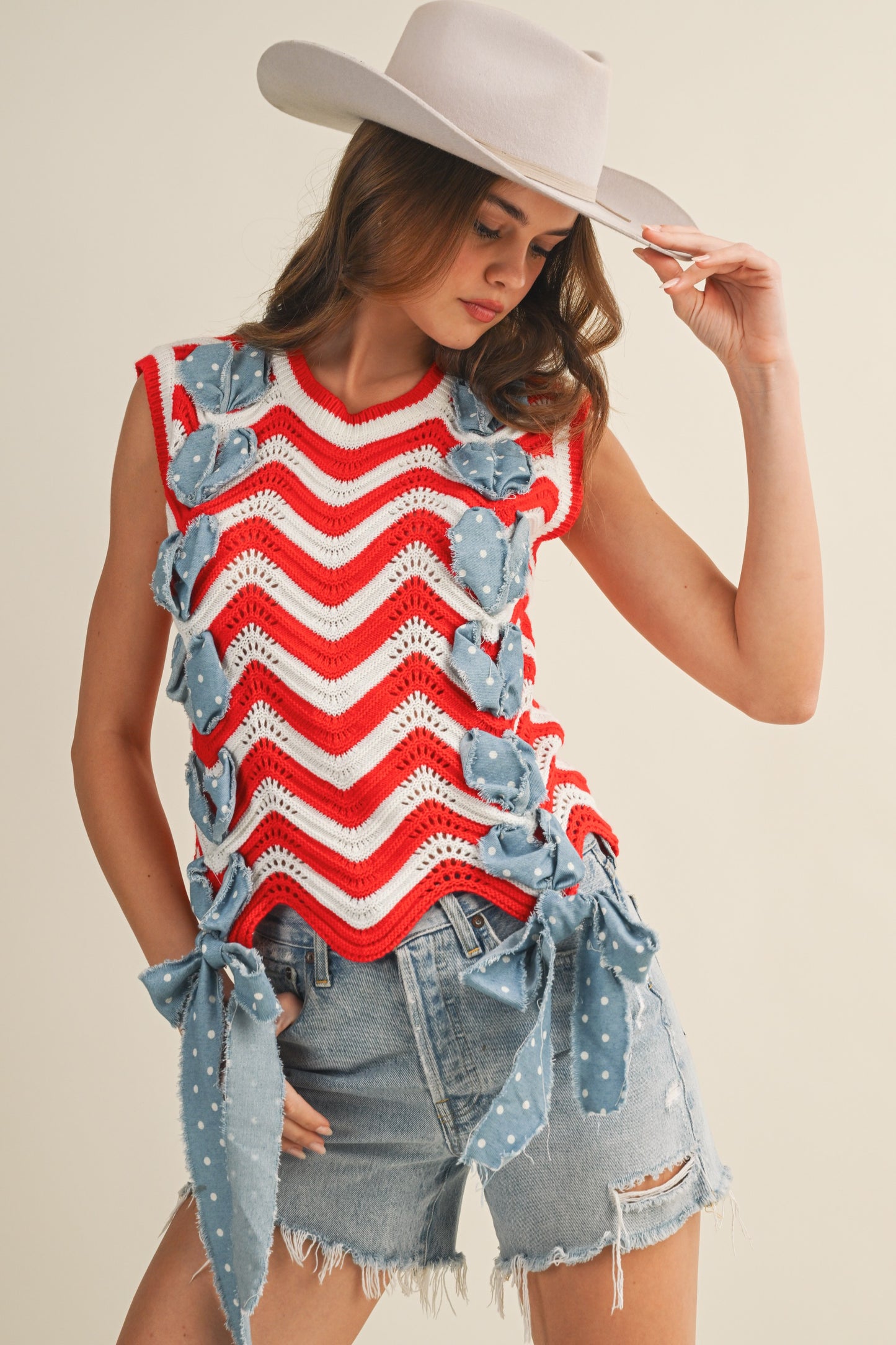 Chevron woven tank with ribbon