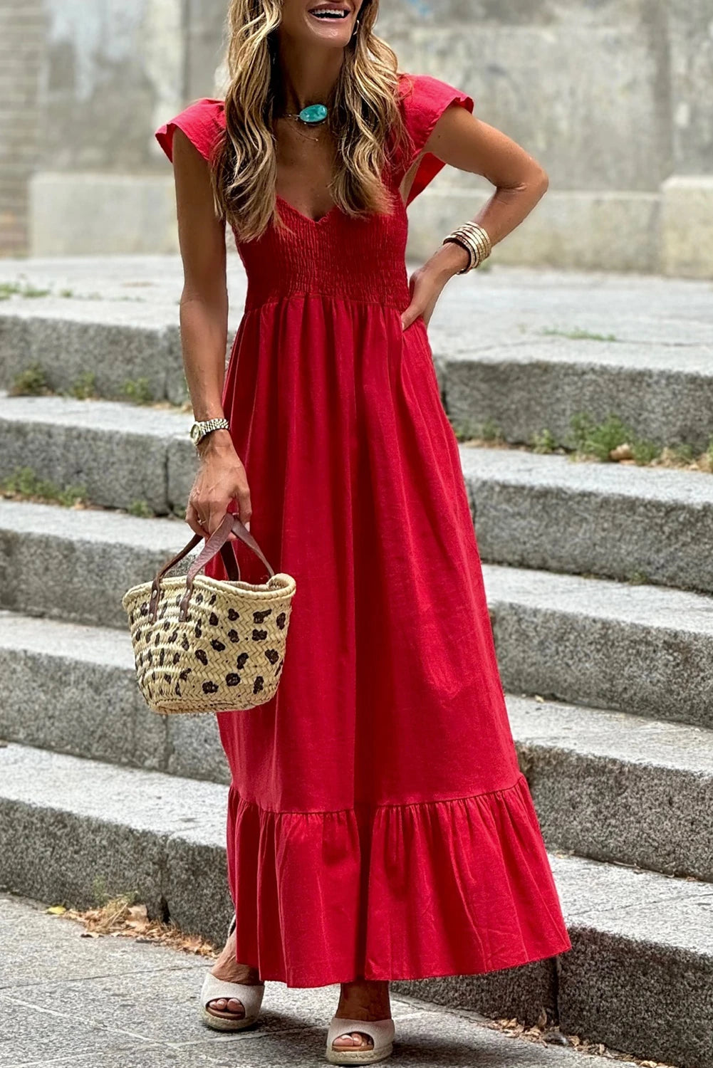 V Neck Flutter Sleeve Smocked Bodice High Waist Ruffle Maxi Dress