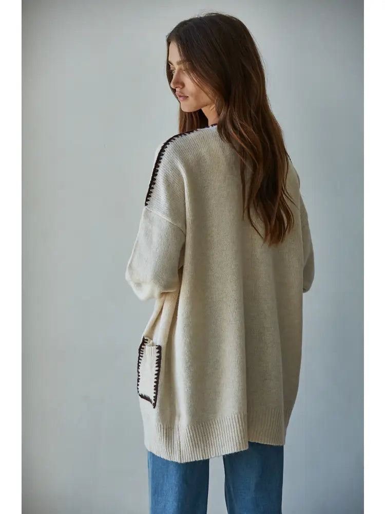 Knit Sweater Contrast Stitch Open Cardigan
