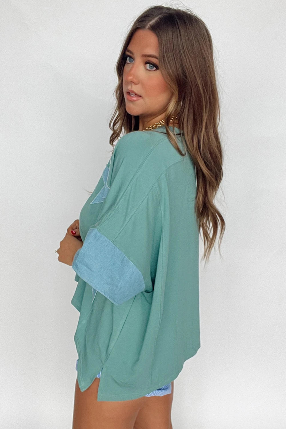 Smoke Green Frayed Denim Star Patched Oversize T Shirt