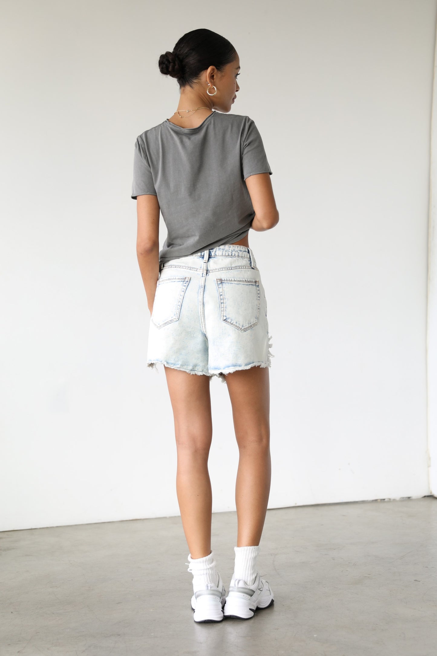 High Rise Distressed Denim Shorts