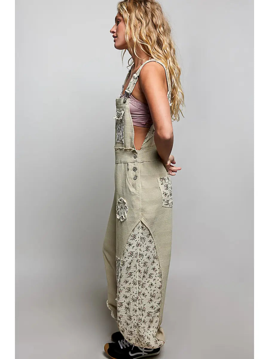 Floral Printed Patch Textured Woven Front Pockets Overalls PREORDER