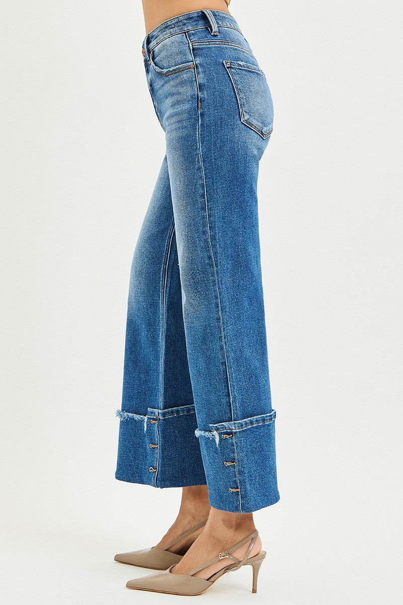 High Rise Cropped Wide Leg Cuff Button Detail