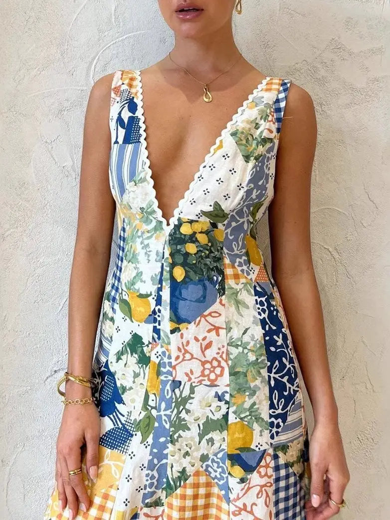 Le Vigen Lemon & Floral Printed V-Neck Sleeveless Maxi Dress
