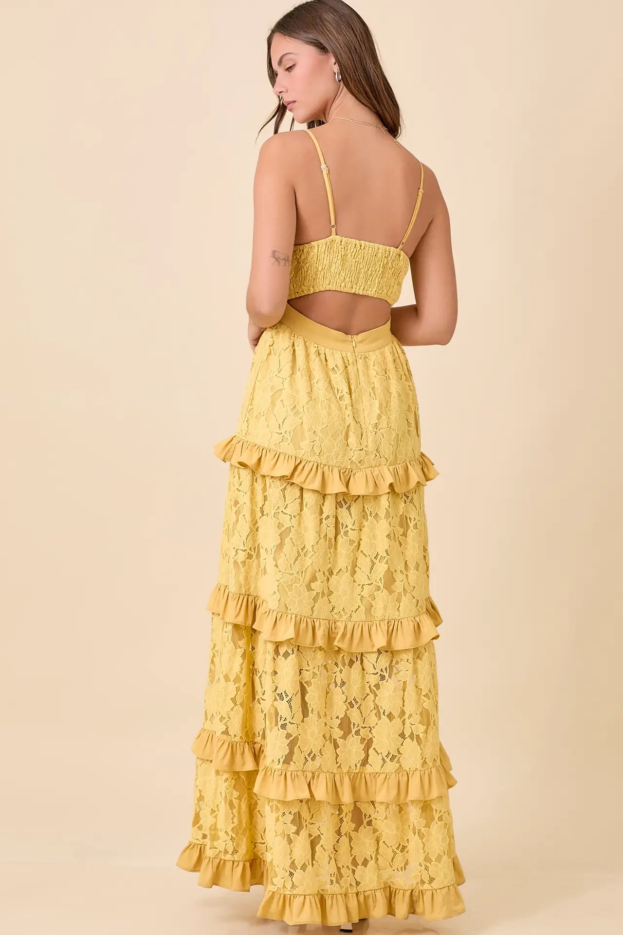 Lace Maxi Dress with Ruffle Tier and Thigh Slit