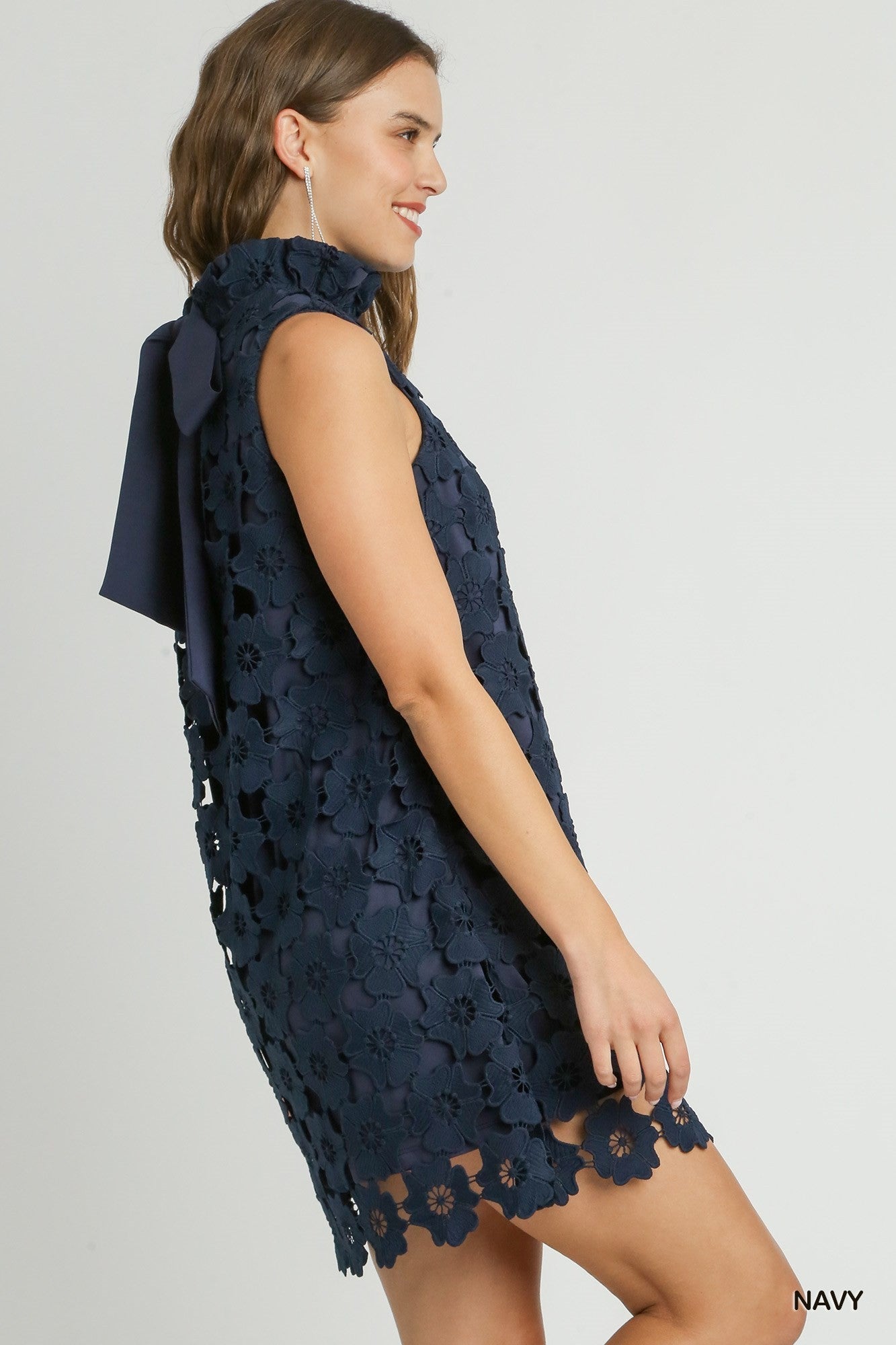 Navy Tie Neck Floral Dress