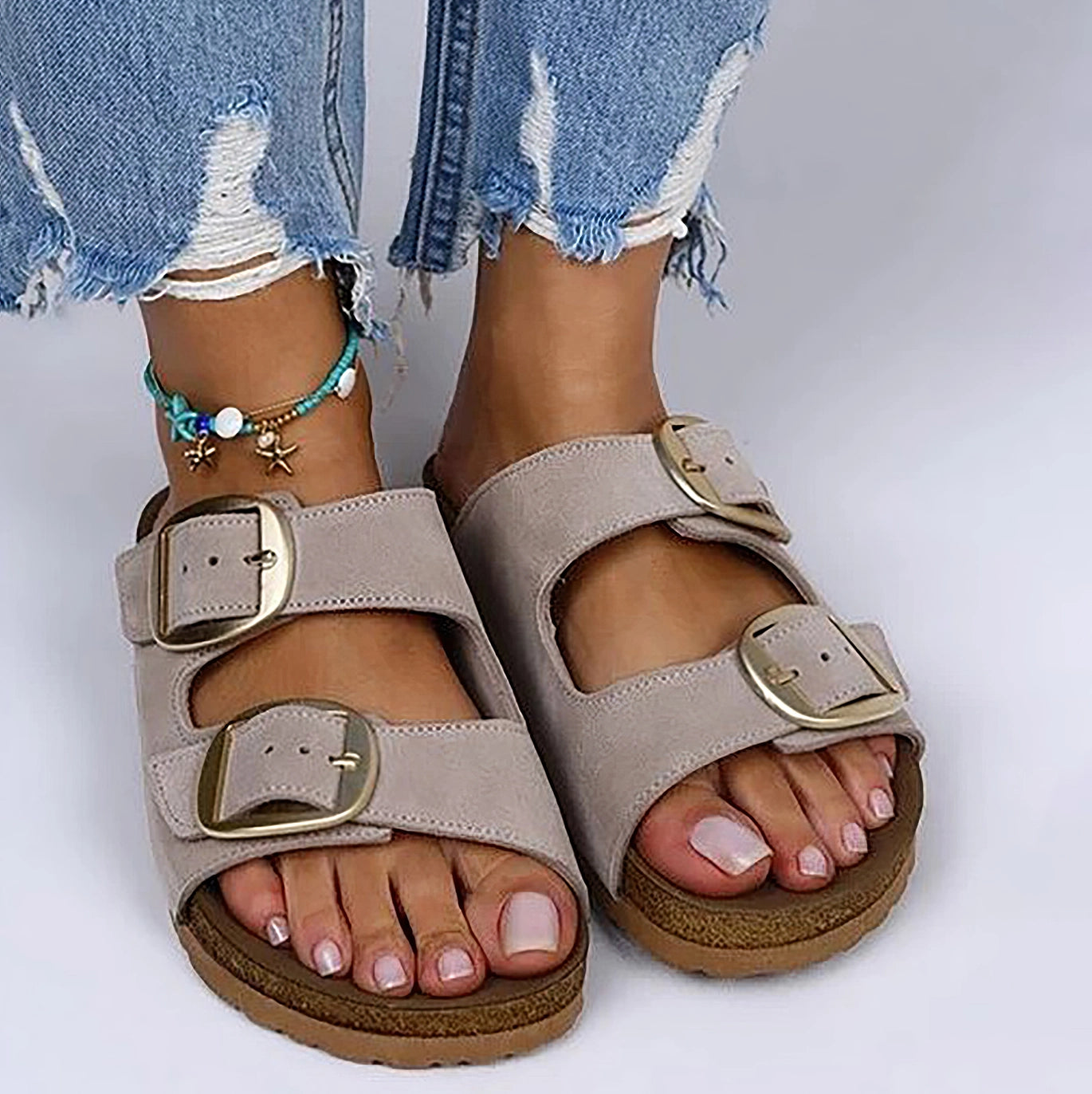 Double Buckle Genuine Leather Women Sandal - Irene Beige
