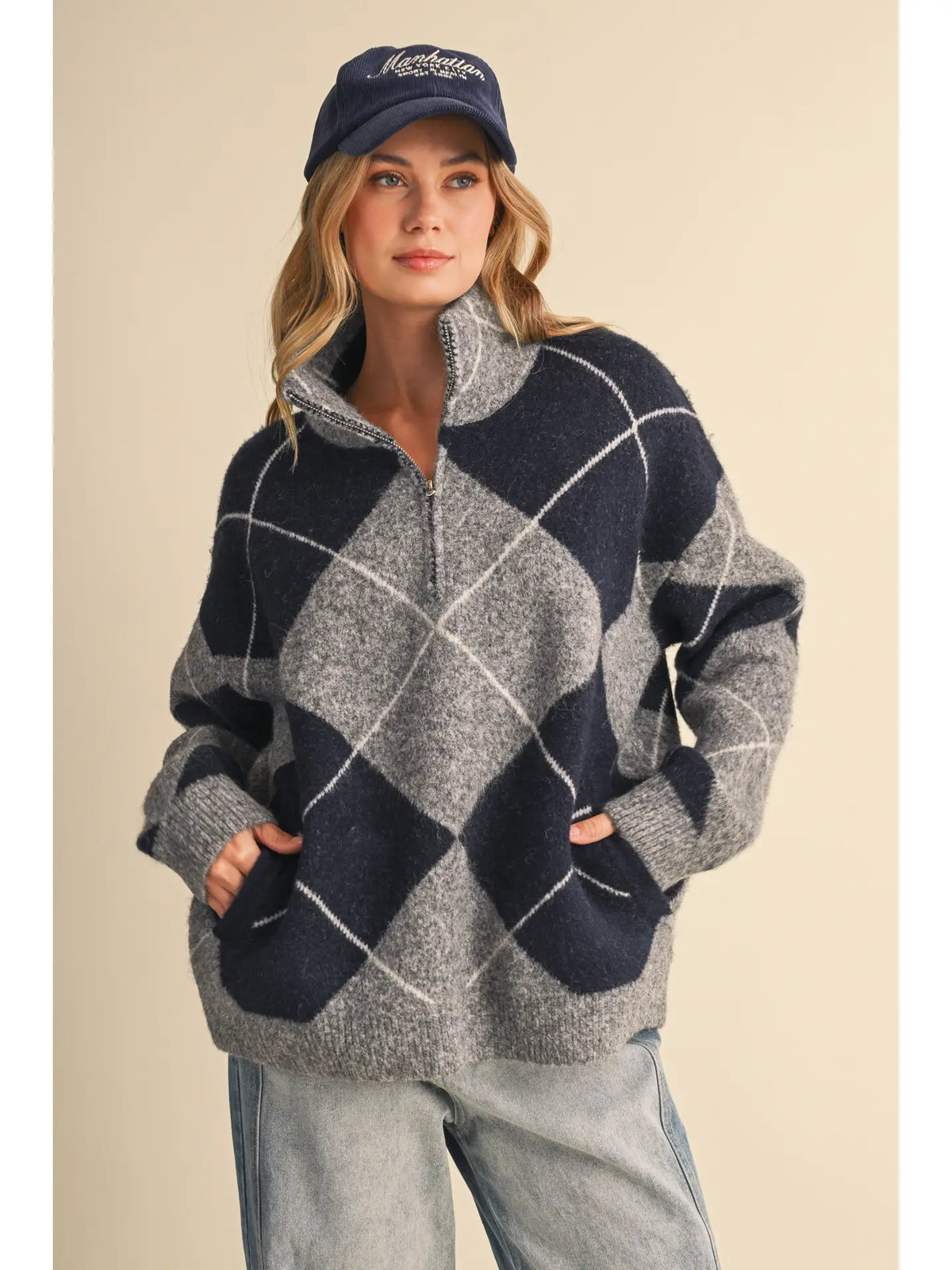 Argyle High Neck Half Zip Up Thick Sweater with Pockets