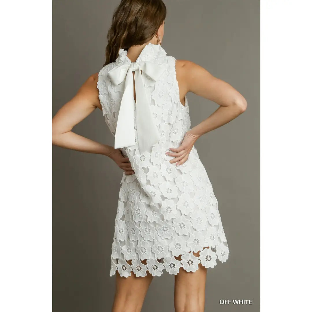 Floral Lace High Neck Sleeveless Dress W_bow Tie