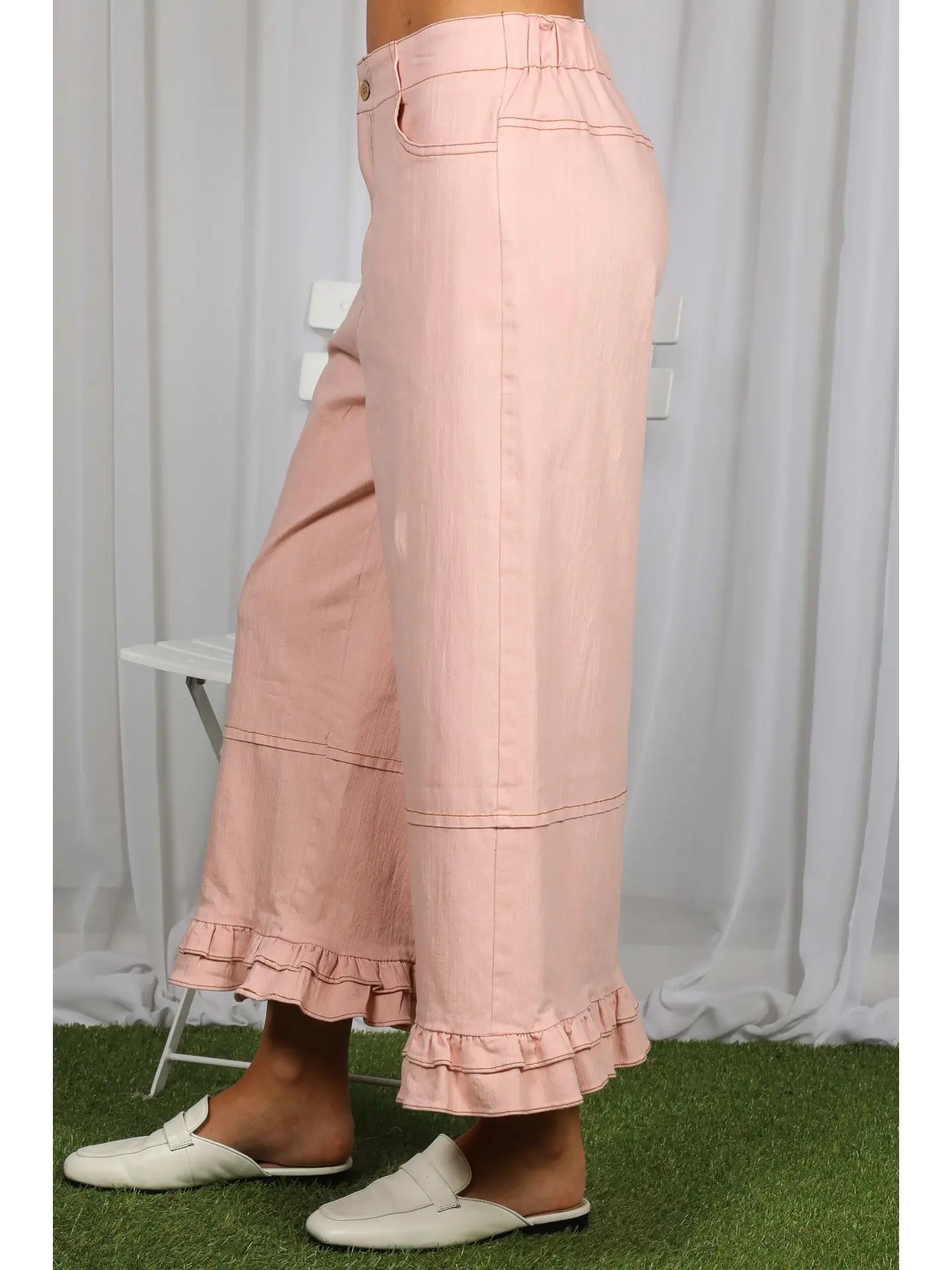 Casual Ruffle Hem Stone Wash Cropped Denim Pants