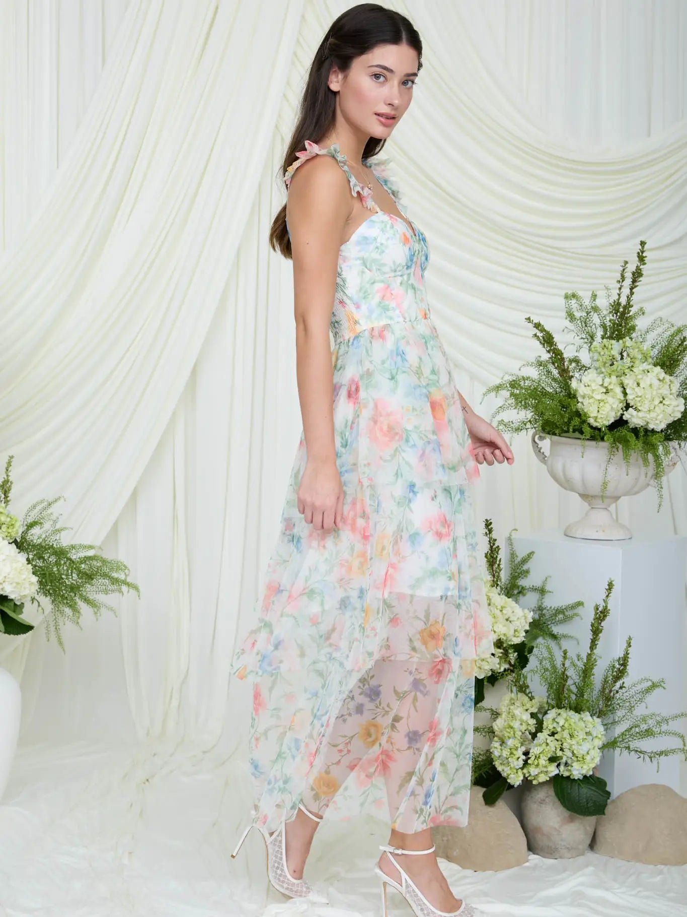 Floral Corset Chiffon Tiered Maxi Dress