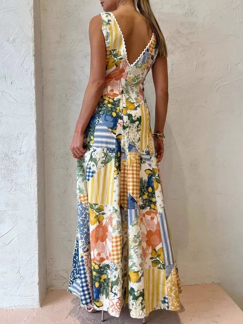 Le Vigen Lemon & Floral Printed V-Neck Sleeveless Maxi Dress