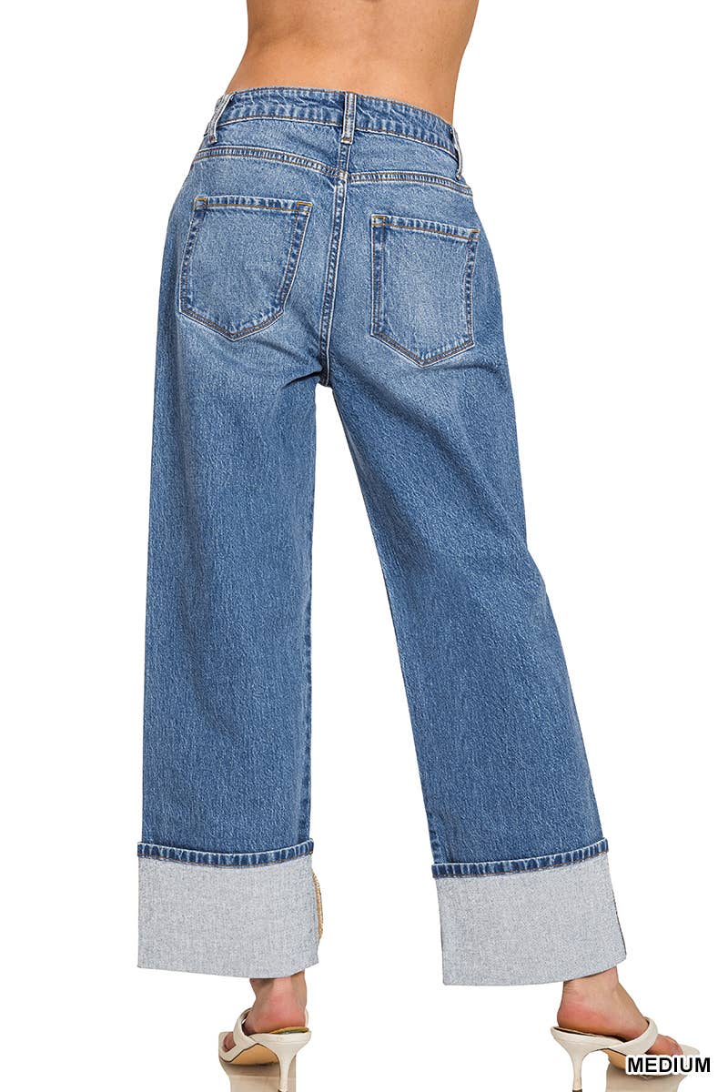High Rise Cuffed Wide Leg Denim Pants