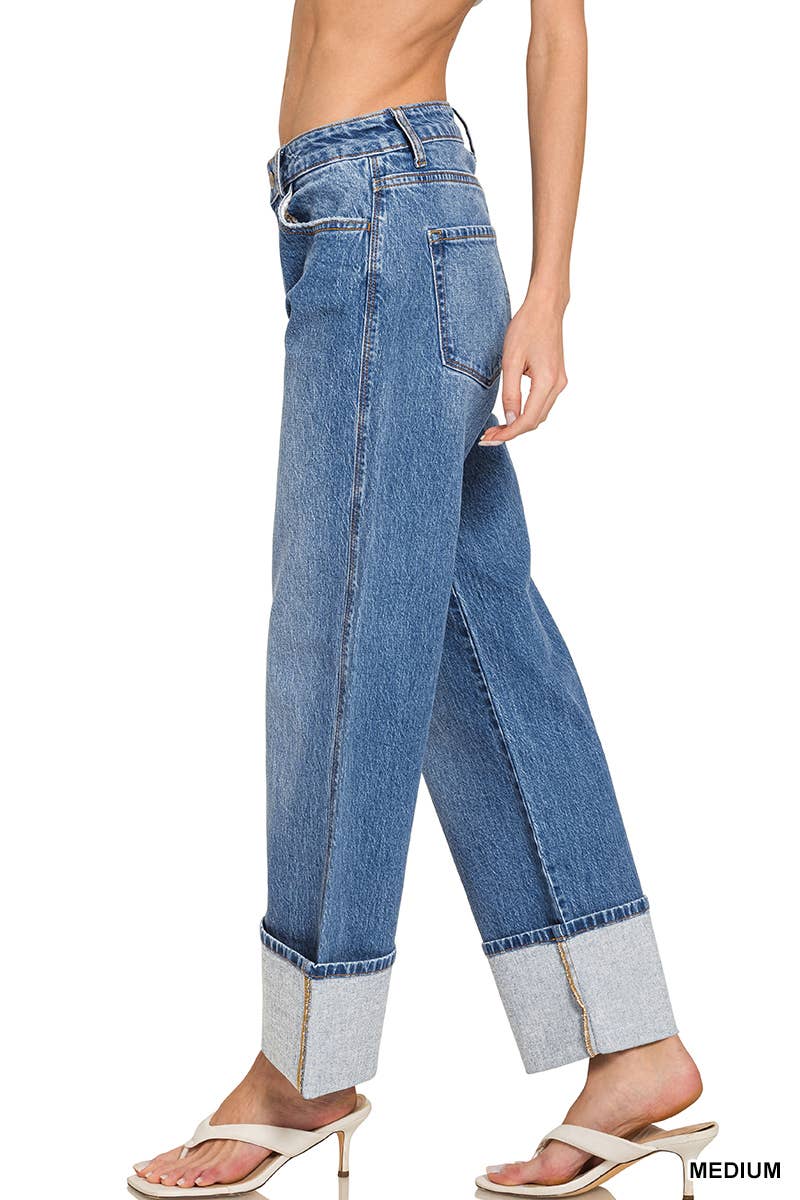 High Rise Cuffed Wide Leg Denim Pants