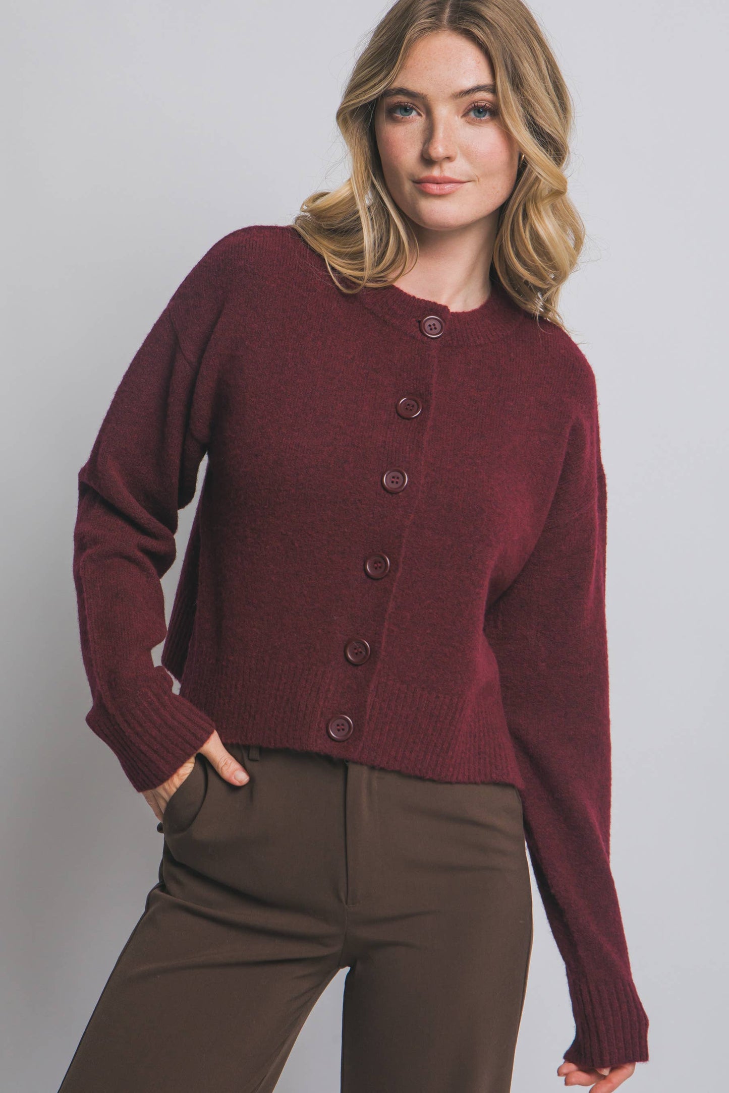 Crew Neck Button Down Cardigan w/ Side Slit