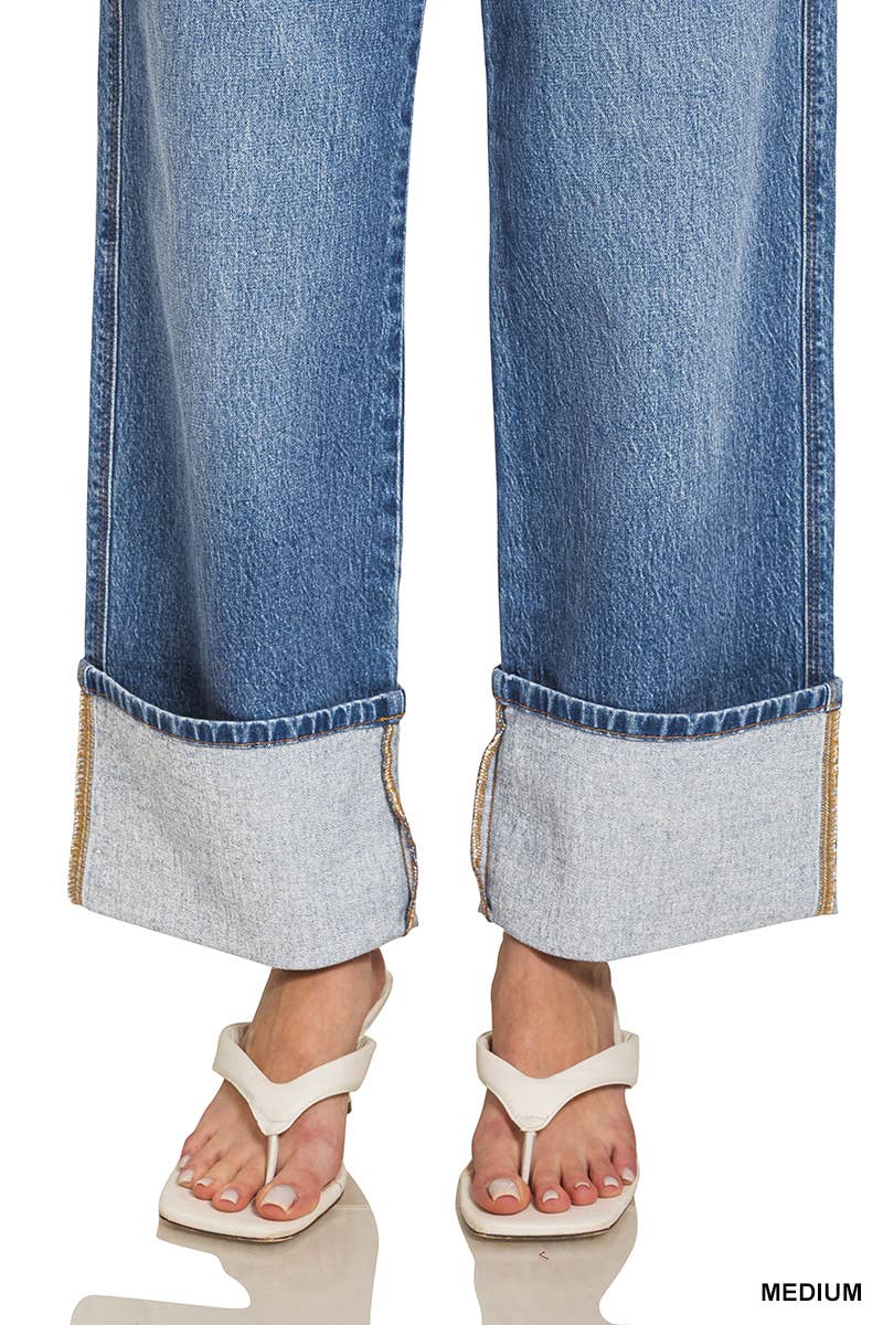 High Rise Cuffed Wide Leg Denim Pants