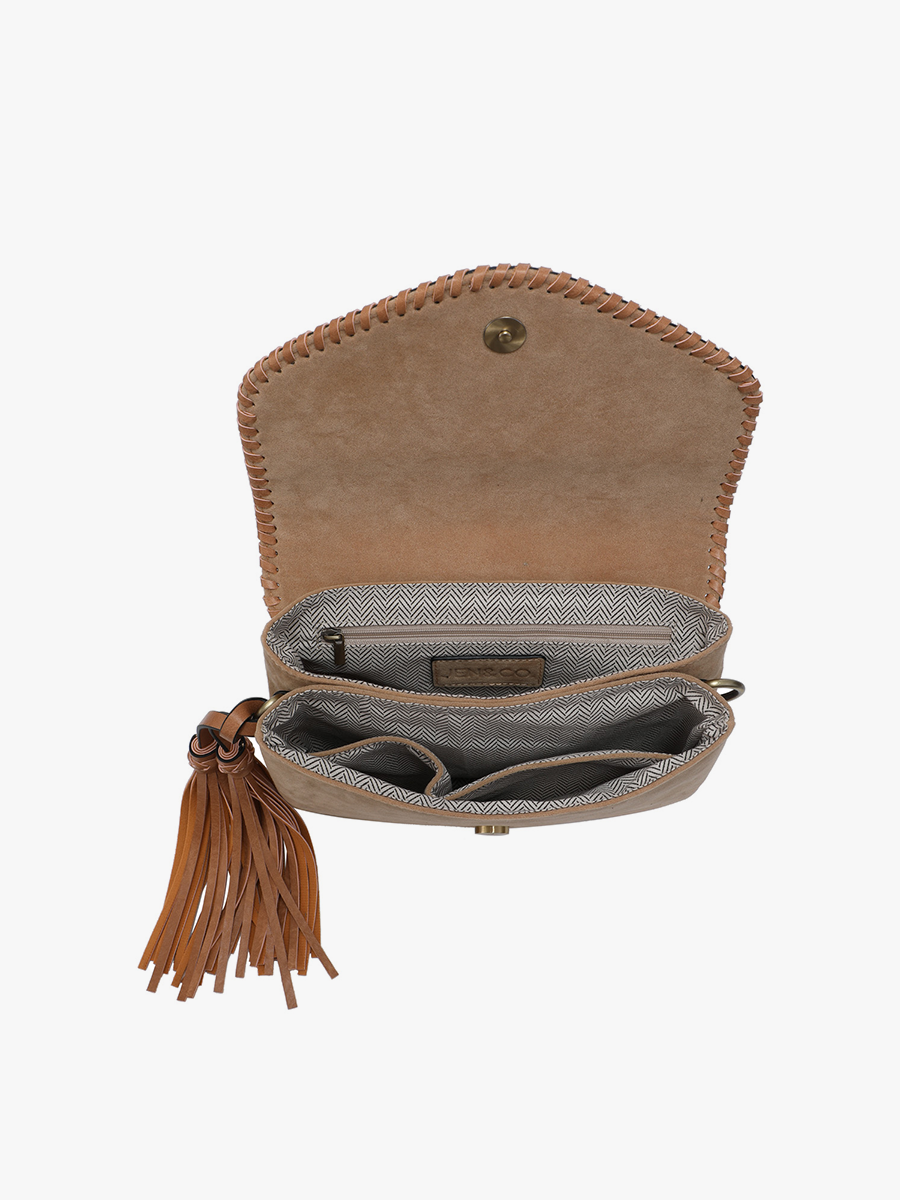M1802SDE Sloane Suede Flapover Whipstitch Crossbody