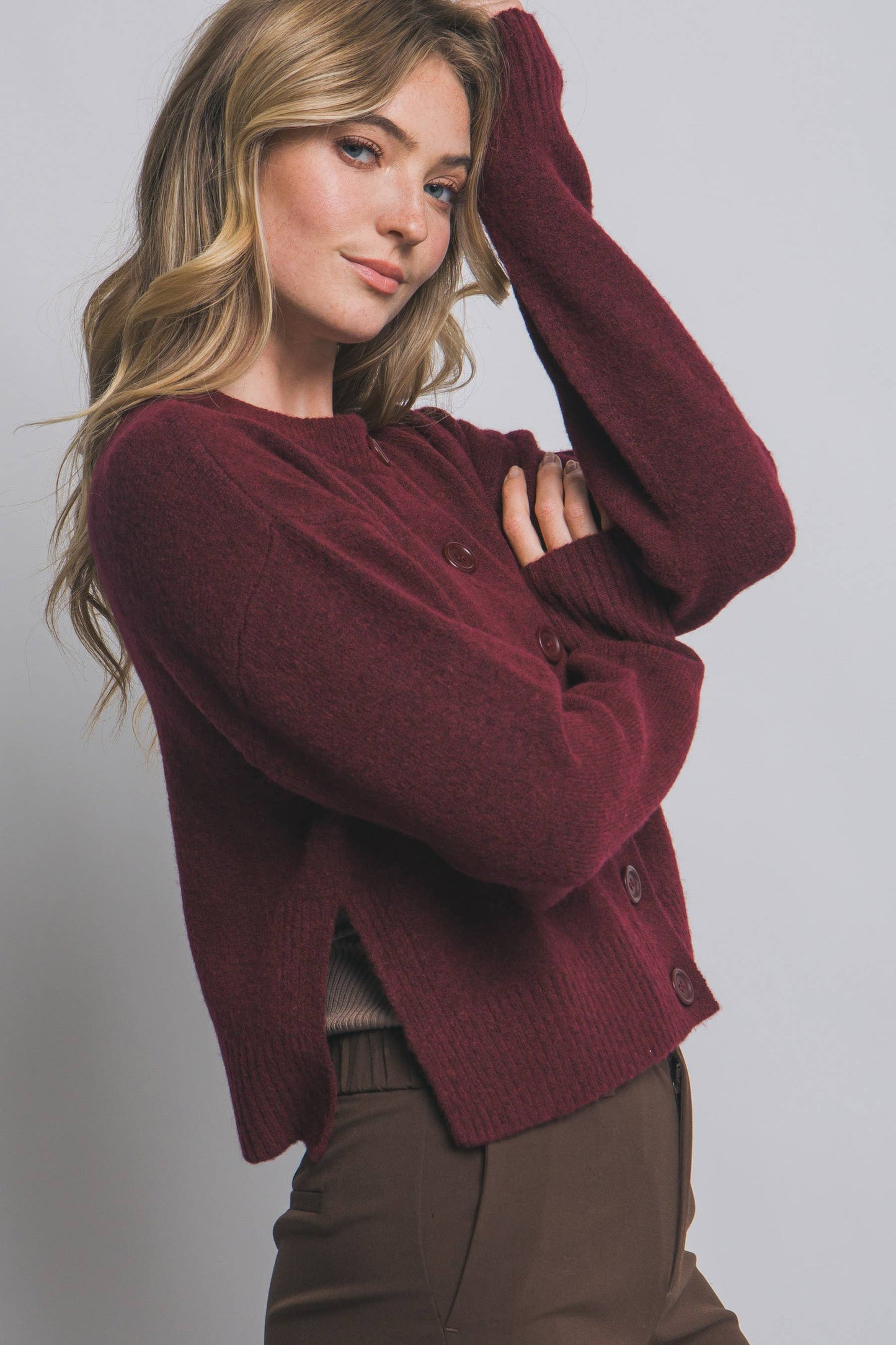 Crew Neck Button Down Cardigan w/ Side Slit