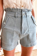 Load image into Gallery viewer, Beau Blue Ruffled High Waist Flap Pockets Denim Shorts
