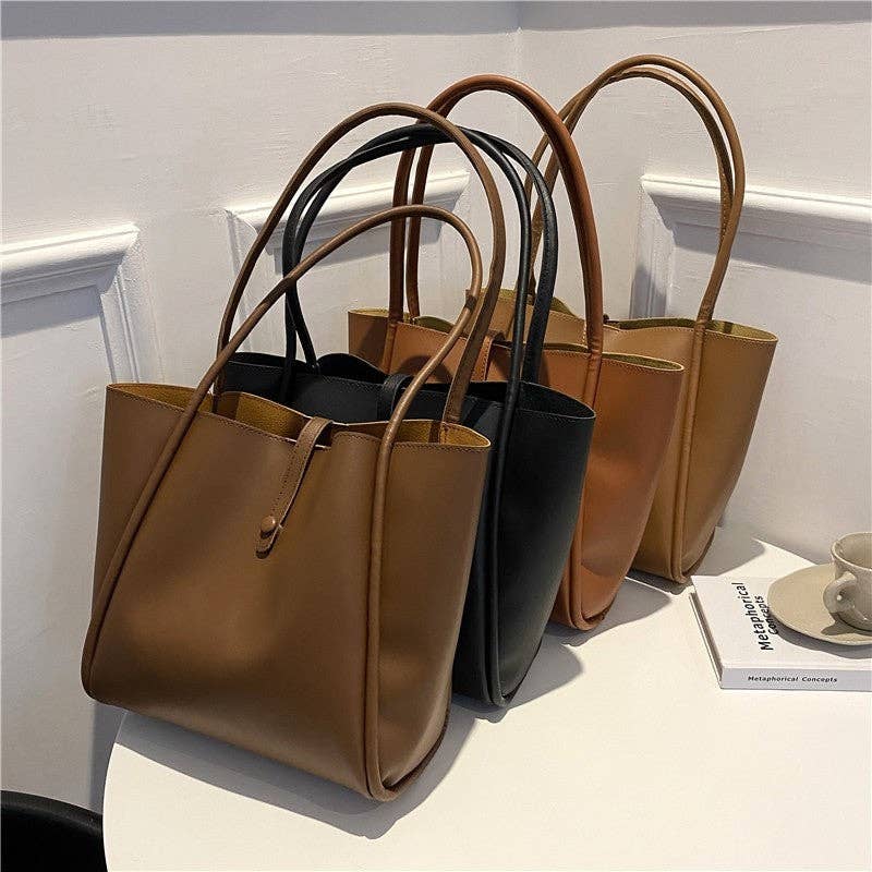 Solid Color Minimalist Handheld Single Shoulder Tote Leather Bag