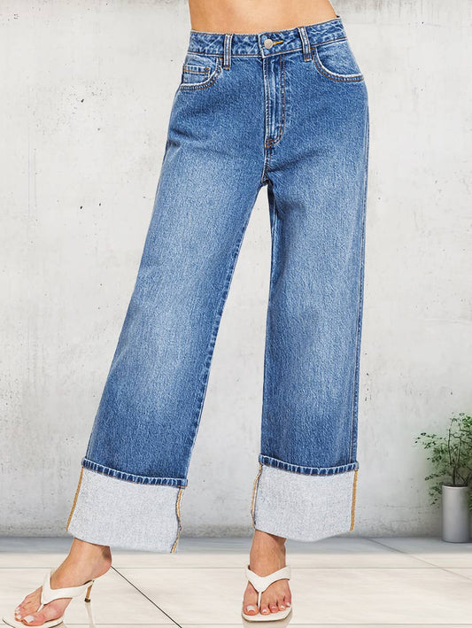 High Rise Cuffed Wide Leg Denim Pants