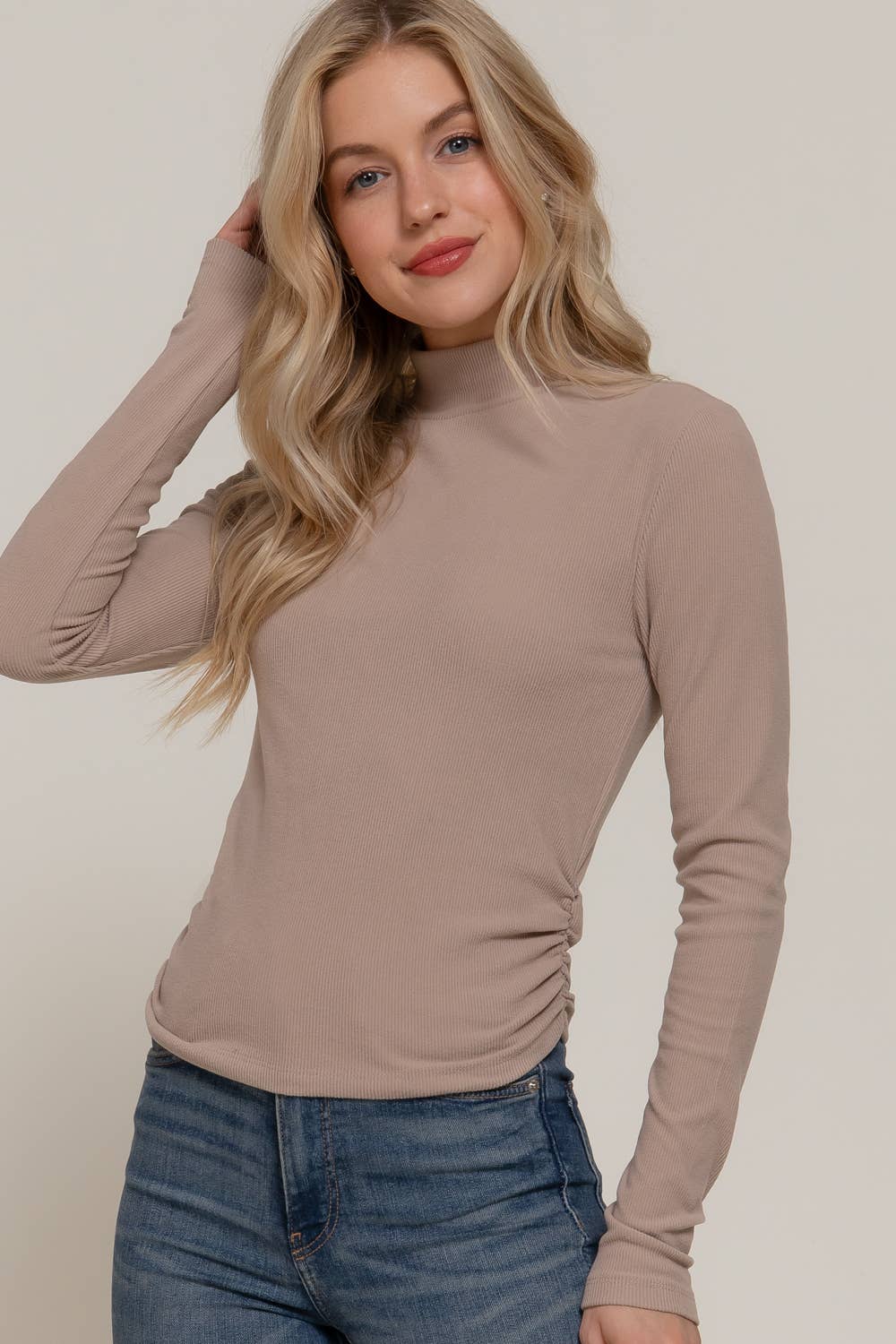 Long Sleeve Turtle Neck Side Detail Brushed Rib Top
