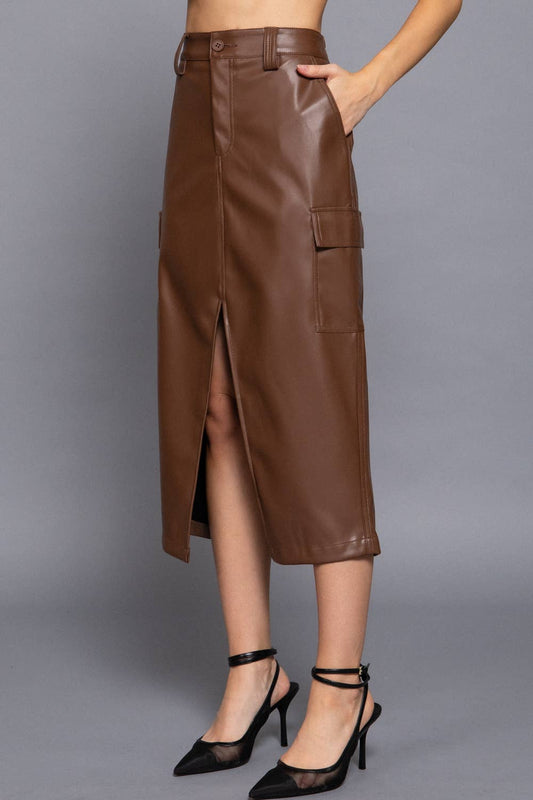 Faux Leather Midi Cargo Skirt